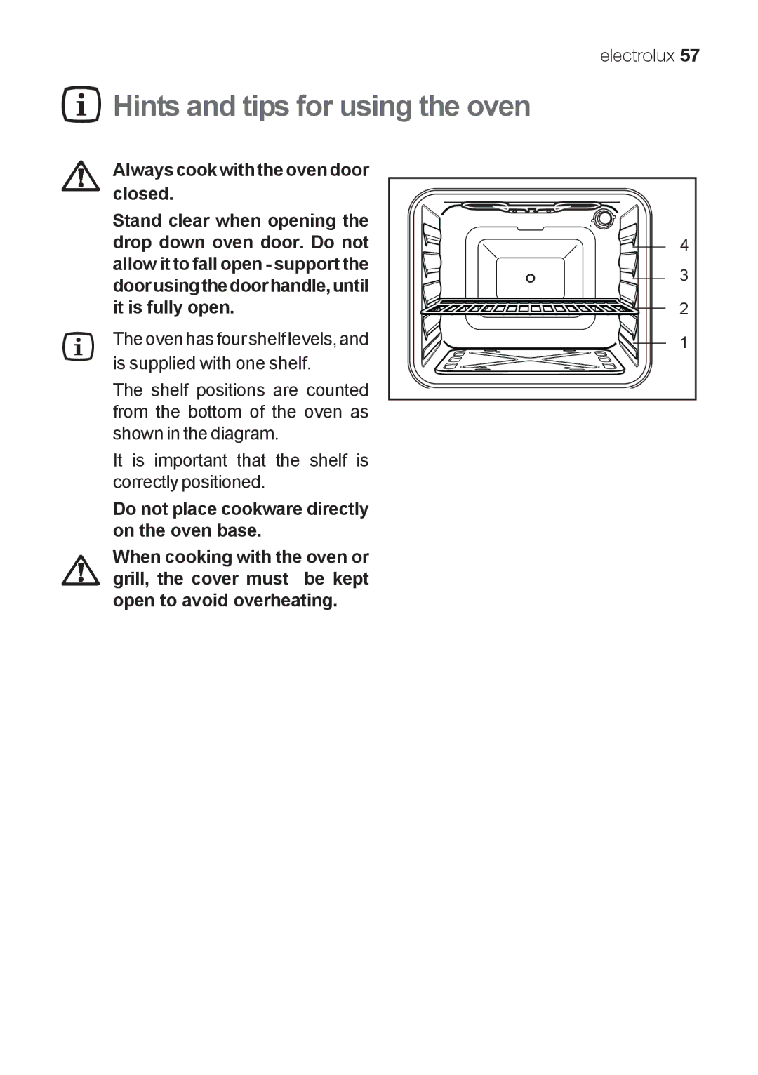 Electrolux EKG 60111 user manual Hints and tips for using the oven, Always cook with the oven door closed 