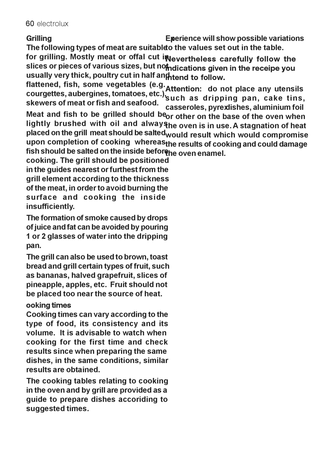 Electrolux EKG 60111 user manual Grilling, Cooking times 
