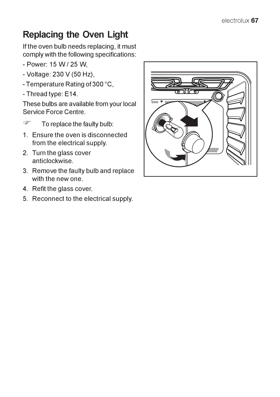 Electrolux EKG 60111 user manual Replacing the Oven Light 