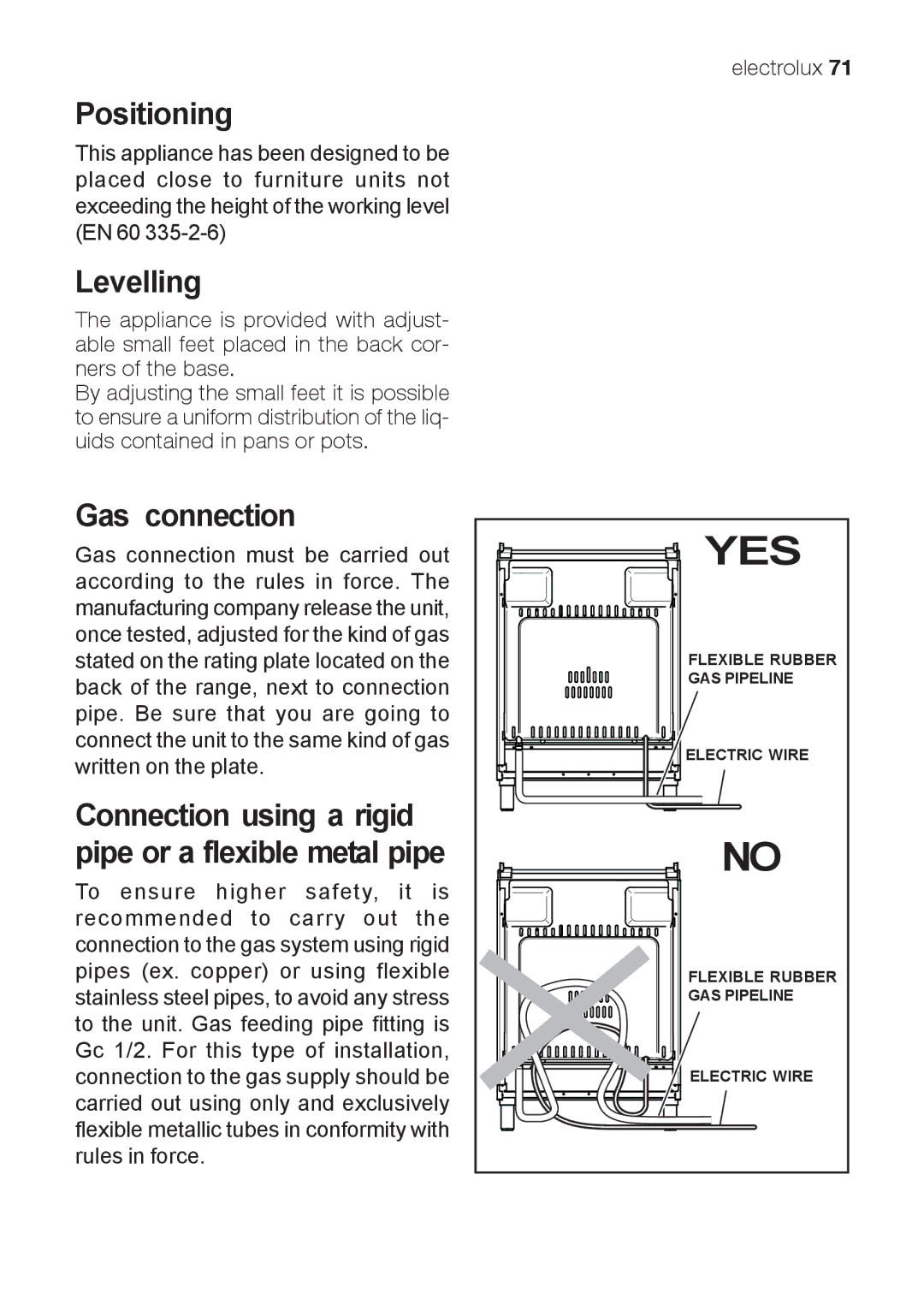 Electrolux EKG 60111 user manual Positioning, Levelling, Gas connection 