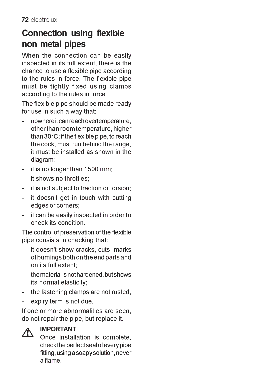 Electrolux EKG 60111 user manual Connection using flexible non metal pipes 