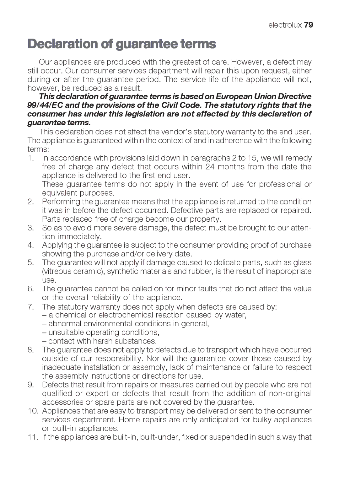 Electrolux EKG 60111 user manual Declaration of guarantee terms 