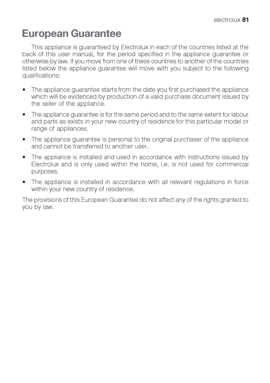 Electrolux EKG 60111 user manual European Guarantee 