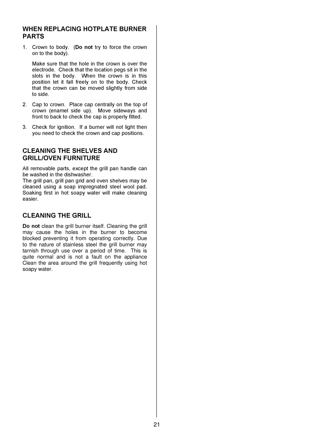 Electrolux EKG5046 When Replacing Hotplate Burner Parts, Cleaning the Shelves GRILL/OVEN Furniture, Cleaning the Grill 