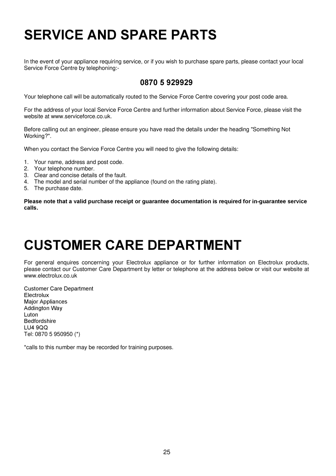 Electrolux EKG5046, EKG5047 manual Service and Spare Parts 