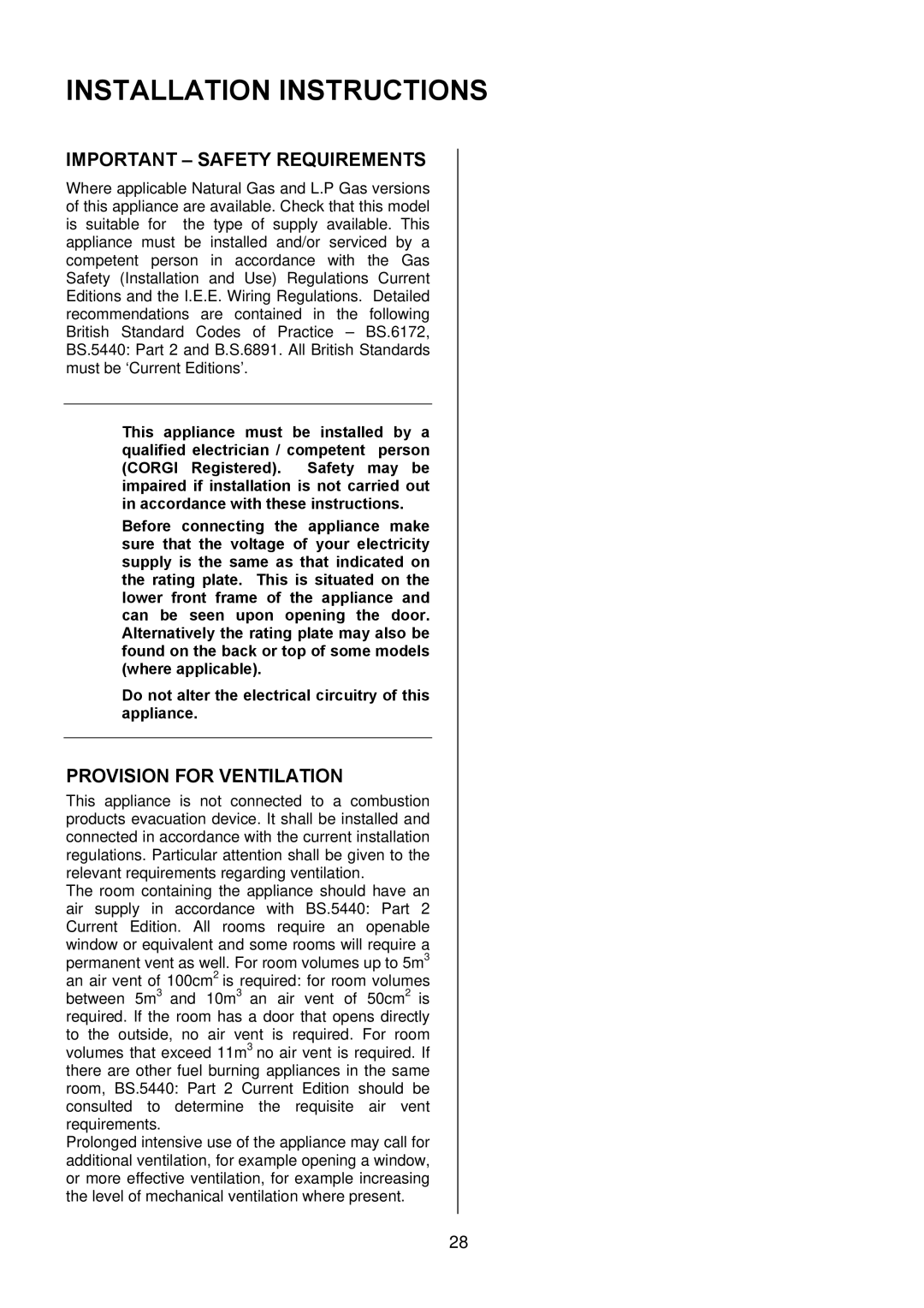 Electrolux EKG5047, EKG5046 manual Installation Instructions, Important Safety Requirements, Provision for Ventilation 