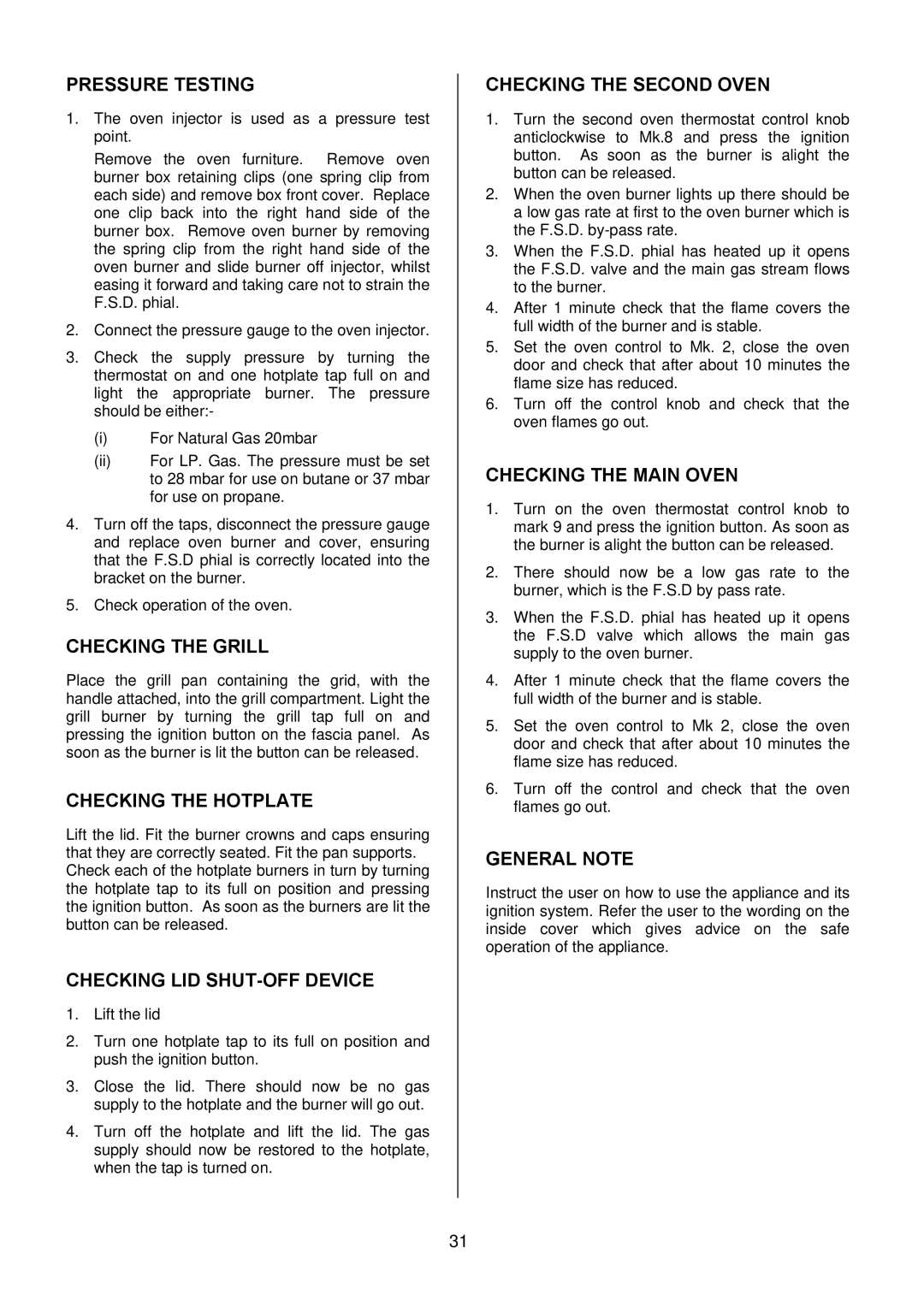 Electrolux EKG5046 Pressure Testing, Checking the Grill, Checking the Hotplate, Checking LID SHUT-OFF Device, General Note 