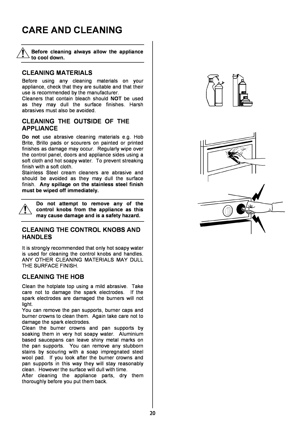 Electrolux EKG5047, EKG5046 Care And Cleaning, Cleaning Materials, Cleaning The Outside Of The Appliance, Cleaning The Hob 