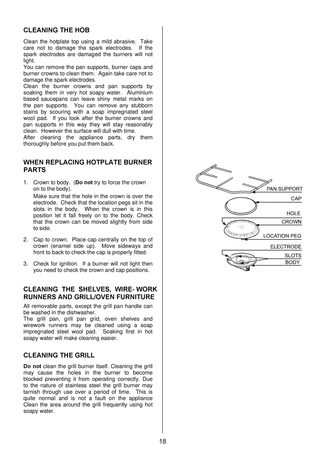 Electrolux EKG5543, EKG5542 manual Cleaning the HOB, When Replacing Hotplate Burner Parts, Cleaning the Grill 