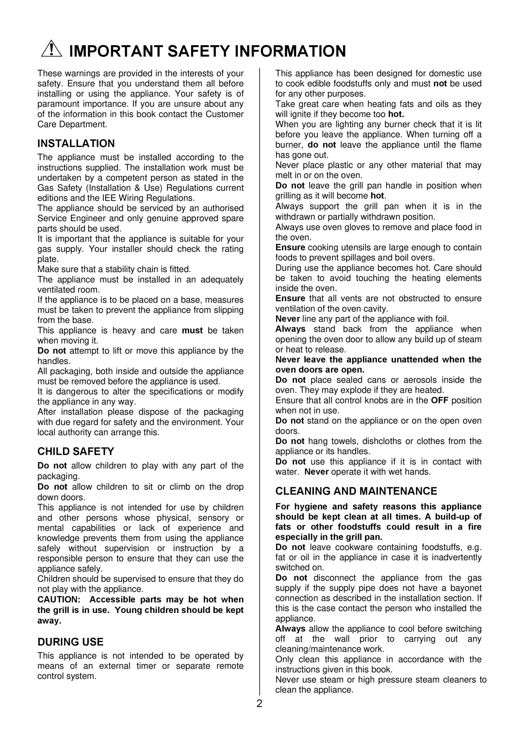 Electrolux EKG5543, EKG5542 Important Safety Information, Installation, Child Safety, During USE, Cleaning and Maintenance 