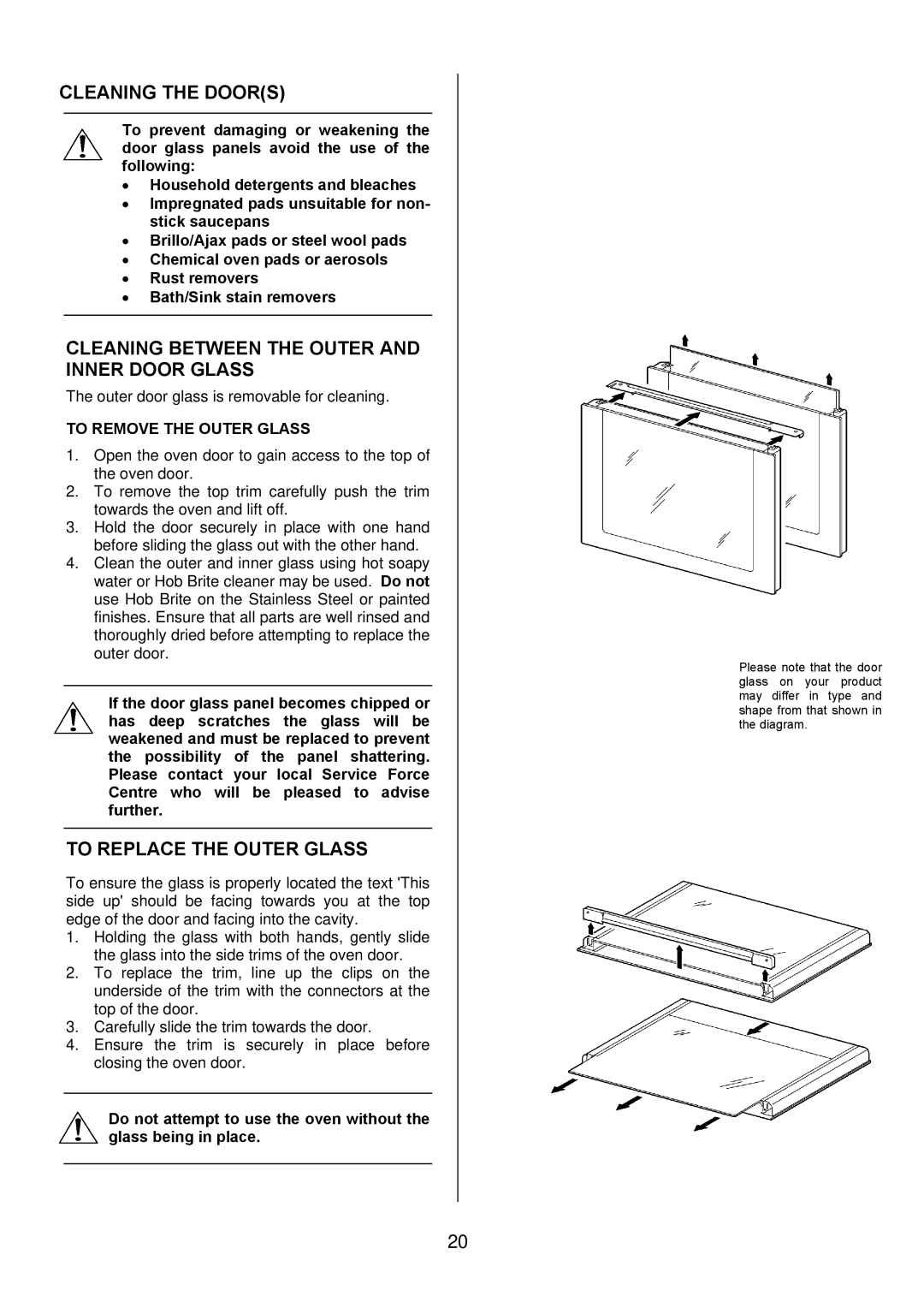 Electrolux EKG5543 manual Cleaning the Doors, Cleaning Between the Outer and Inner Door Glass, To Replace the Outer Glass 