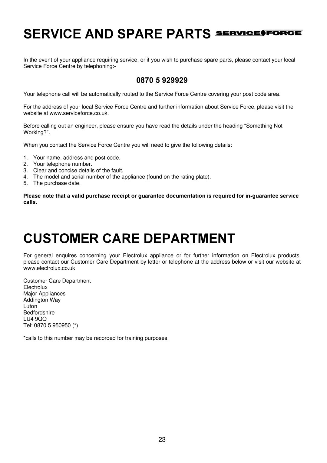 Electrolux EKG5542, EKG5543 manual Service and Spare Parts 