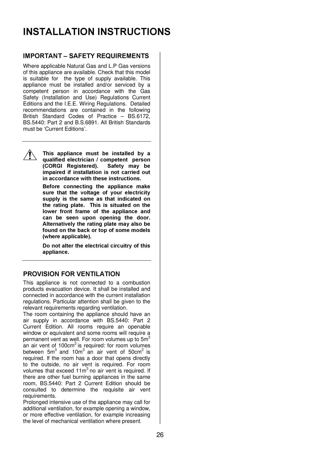 Electrolux EKG5543, EKG5542 manual Installation Instructions, Important Safety Requirements, Provision for Ventilation 