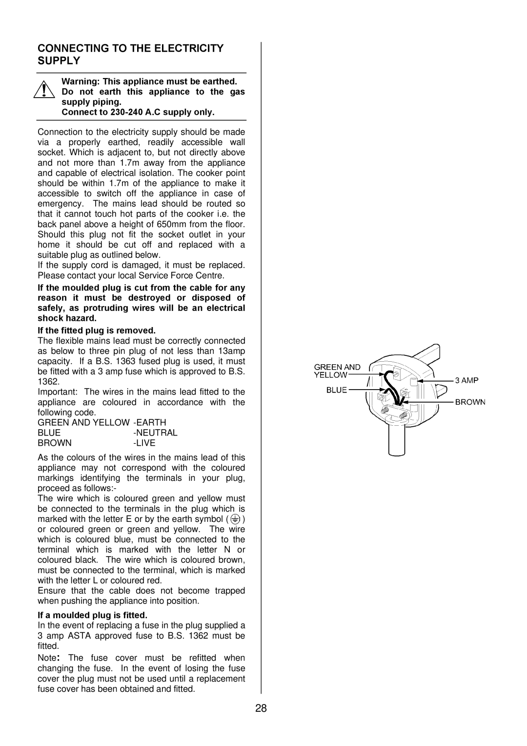 Electrolux EKG5543 Connecting to the Electricity Supply, Connect to 230-240 A.C supply only, If a moulded plug is fitted 