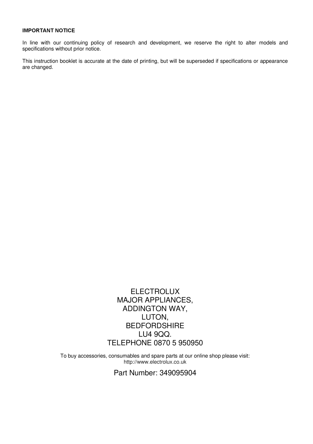 Electrolux EKG5543, EKG5542 manual Important Notice 