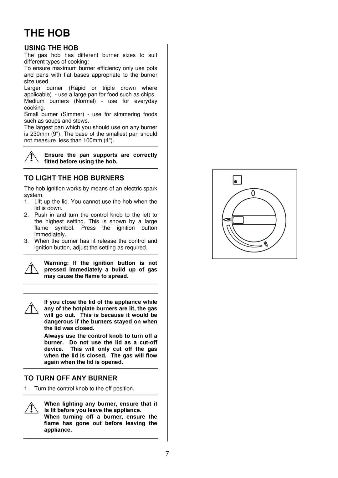 Electrolux EKG5542, EKG5543 manual Hob, Using the HOB, To Light the HOB Burners, To Turn OFF ANY Burner 