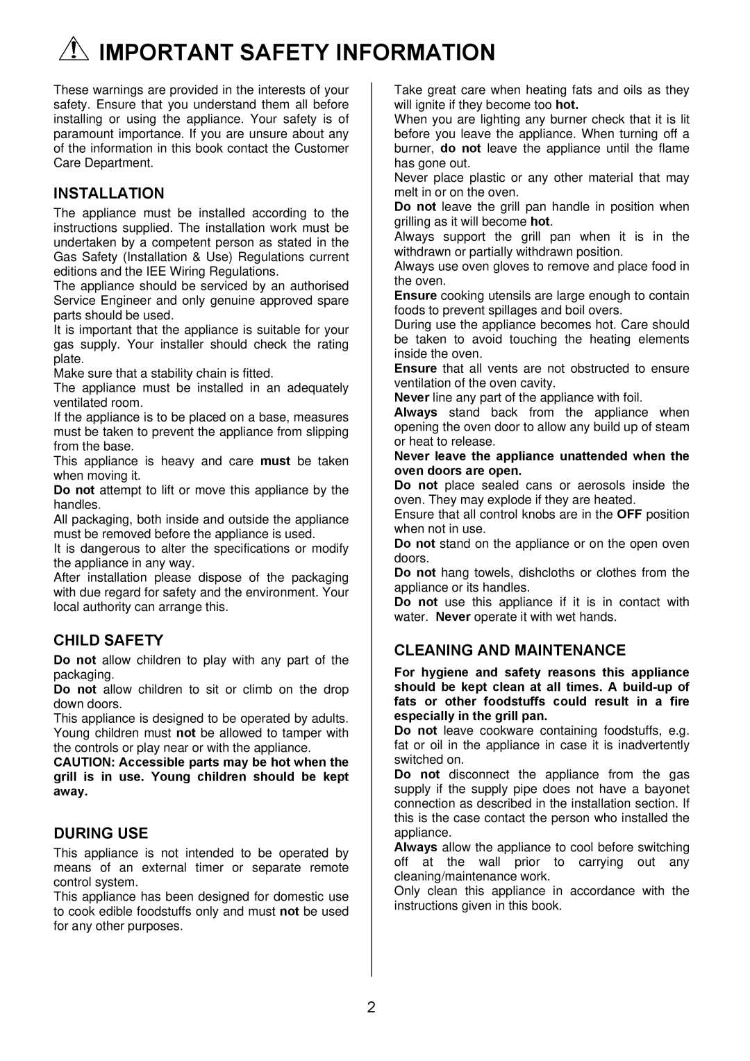 Electrolux EKG6046/EKG6047 Important Safety Information, Installation, Child Safety, During USE, Cleaning and Maintenance 