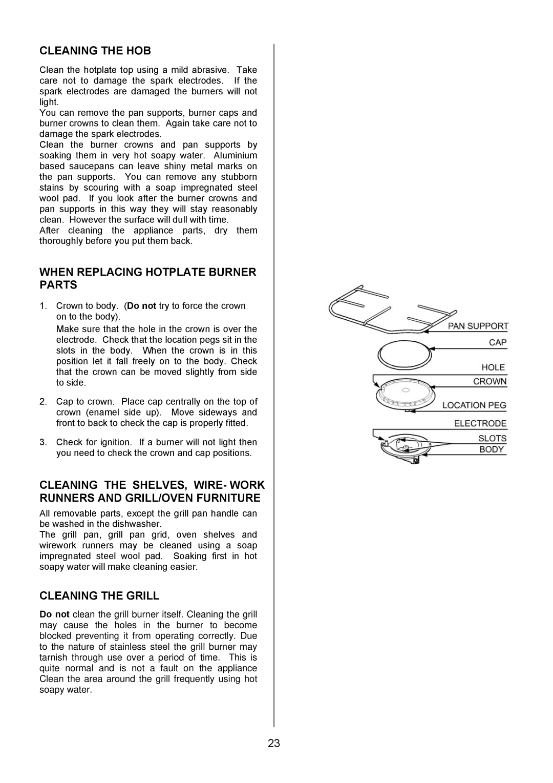 Electrolux EKG6046/EKG6047 manual Cleaning the HOB, When Replacing Hotplate Burner Parts, Cleaning the Grill 