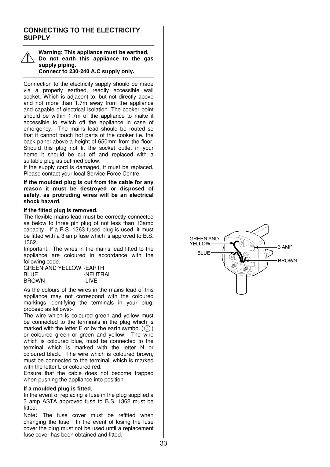 Electrolux EKG6046/EKG6047 manual Connecting to the Electricity Supply, Connect to 230-240 A.C supply only 