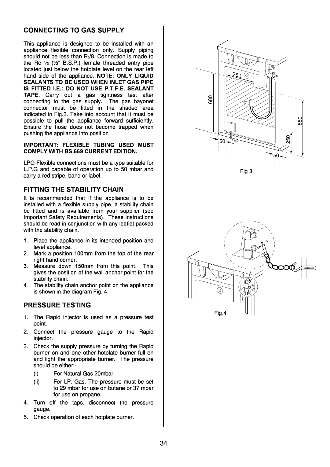 Electrolux EKG6046/EKG6047 manual Connecting To Gas Supply, Fitting The Stability Chain, Pressure Testing 