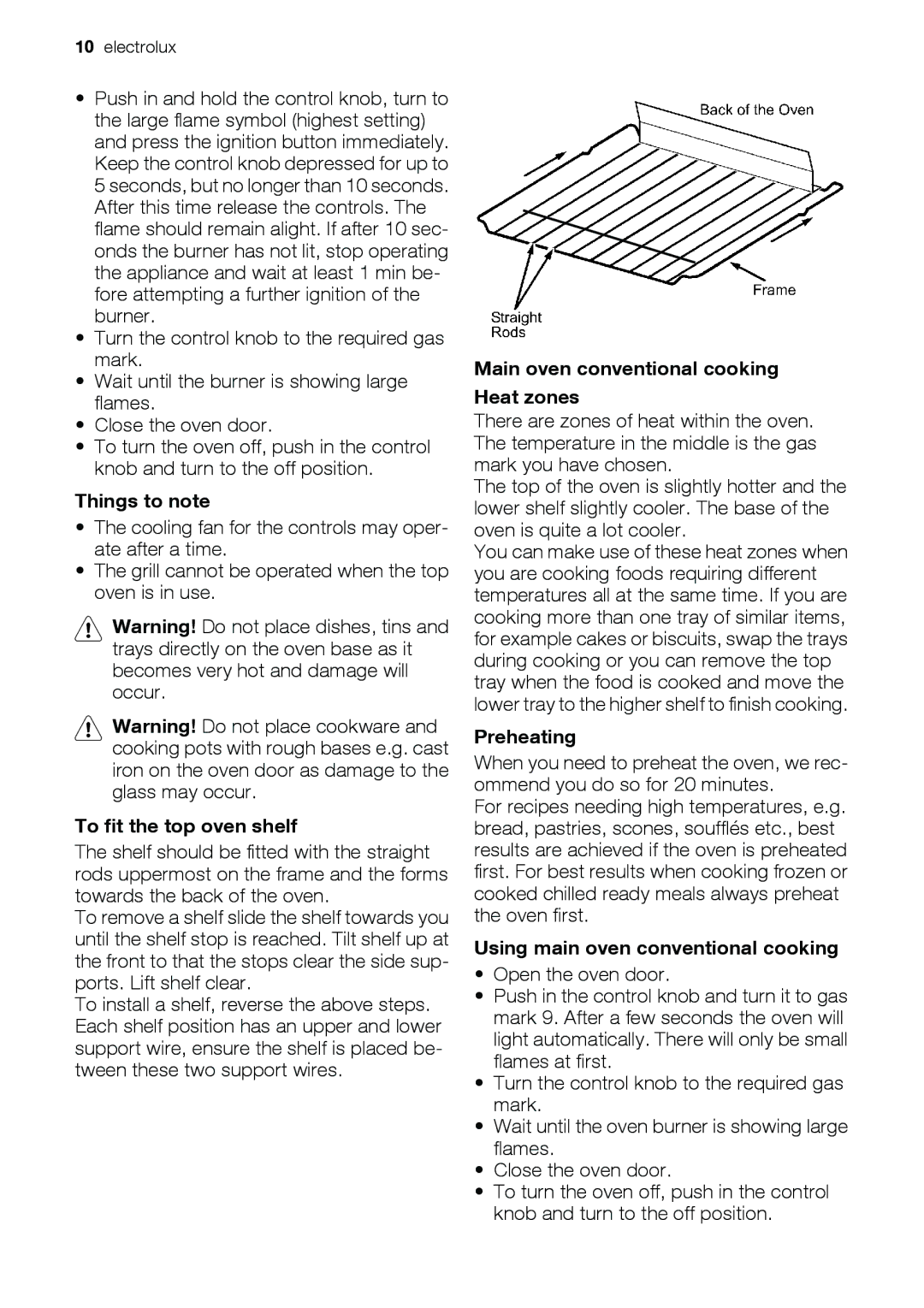 Electrolux EKG6047, EKG6046 user manual To fit the top oven shelf, Main oven conventional cooking Heat zones 