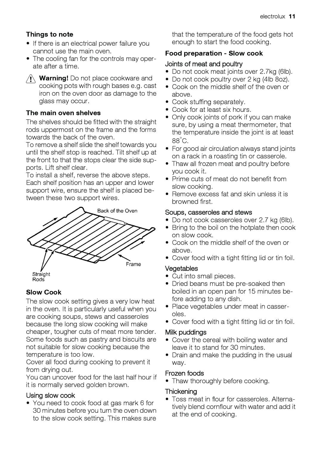 Electrolux EKG6046 Main oven shelves, Slow Cook, Using slow cook, Food preparation Slow cook Joints of meat and poultry 