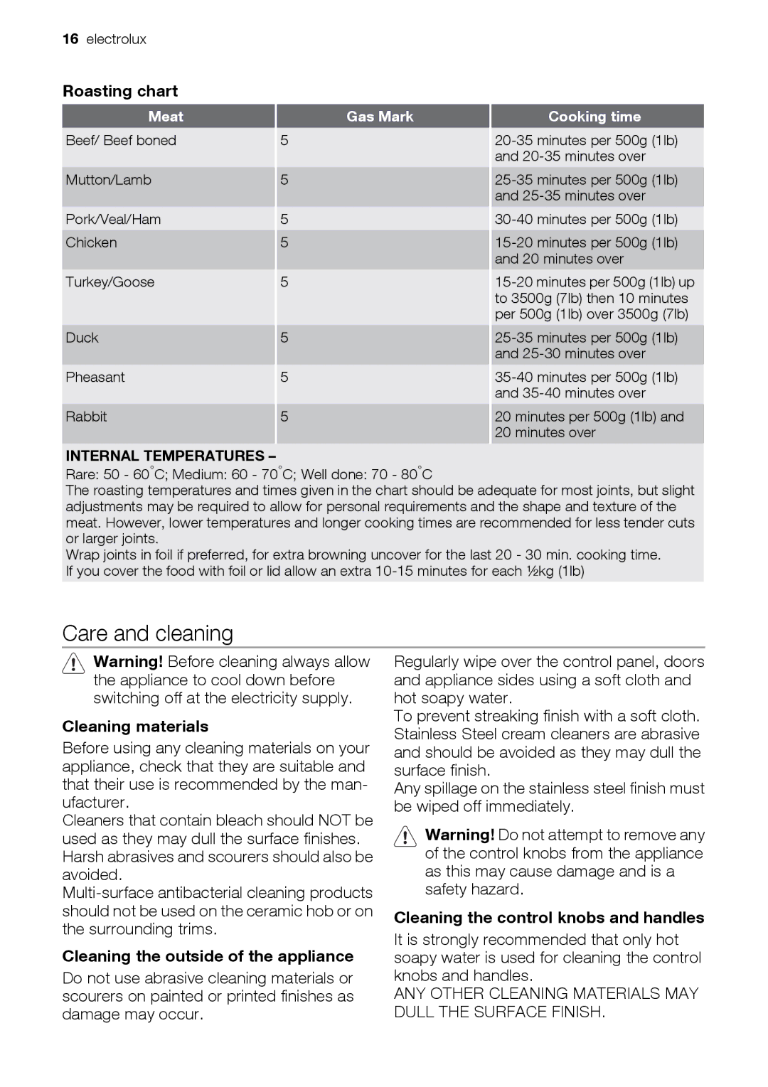 Electrolux EKG6047, EKG6046 Care and cleaning, Roasting chart, Cleaning materials, Cleaning the outside of the appliance 