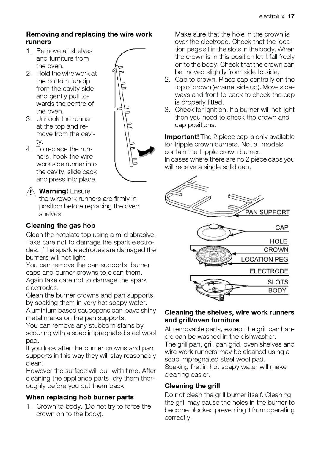 Electrolux EKG6046 Removing and replacing the wire work runners, Cleaning the gas hob, When replacing hob burner parts 