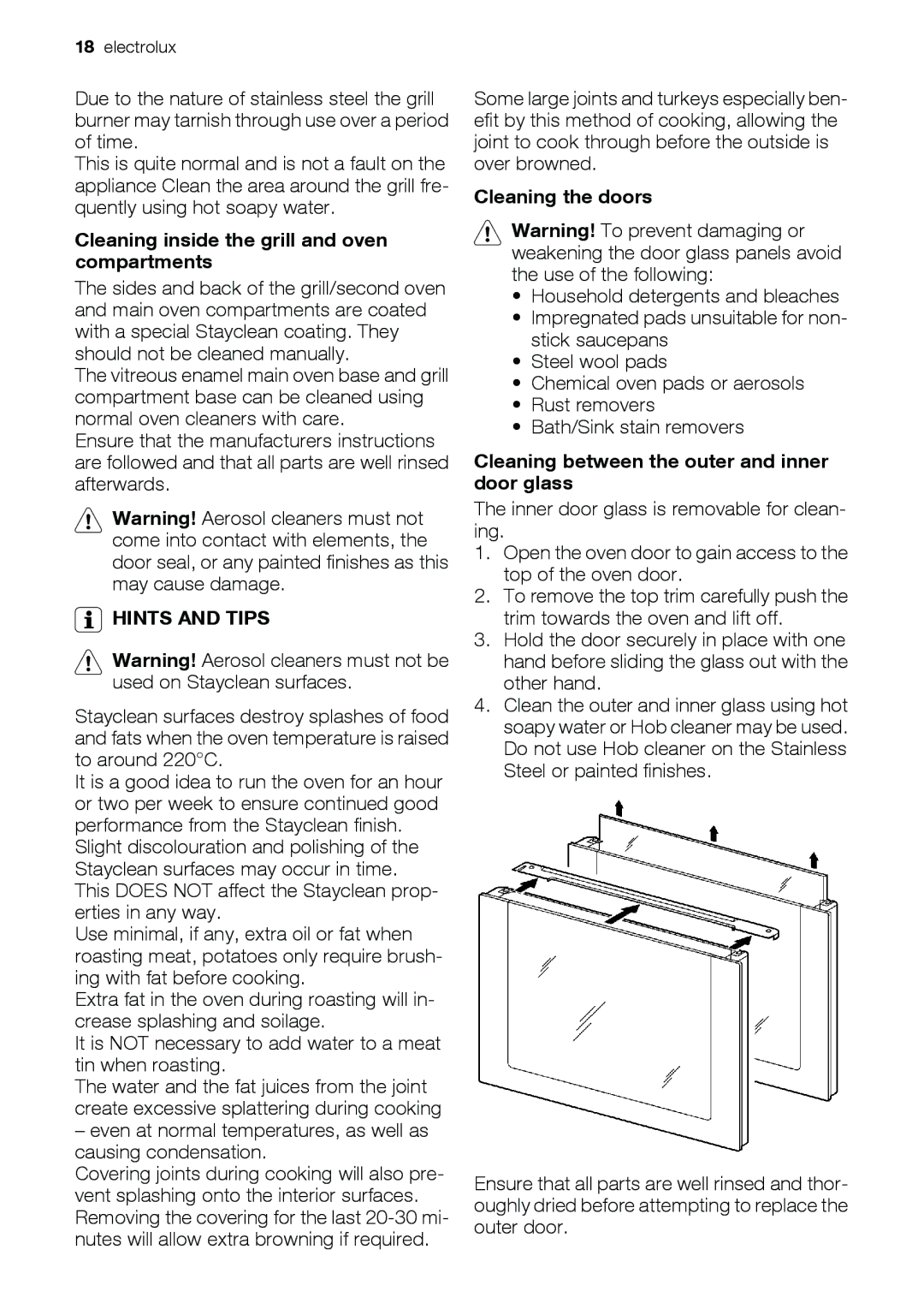 Electrolux EKG6047, EKG6046 user manual Cleaning inside the grill and oven compartments, Cleaning the doors 