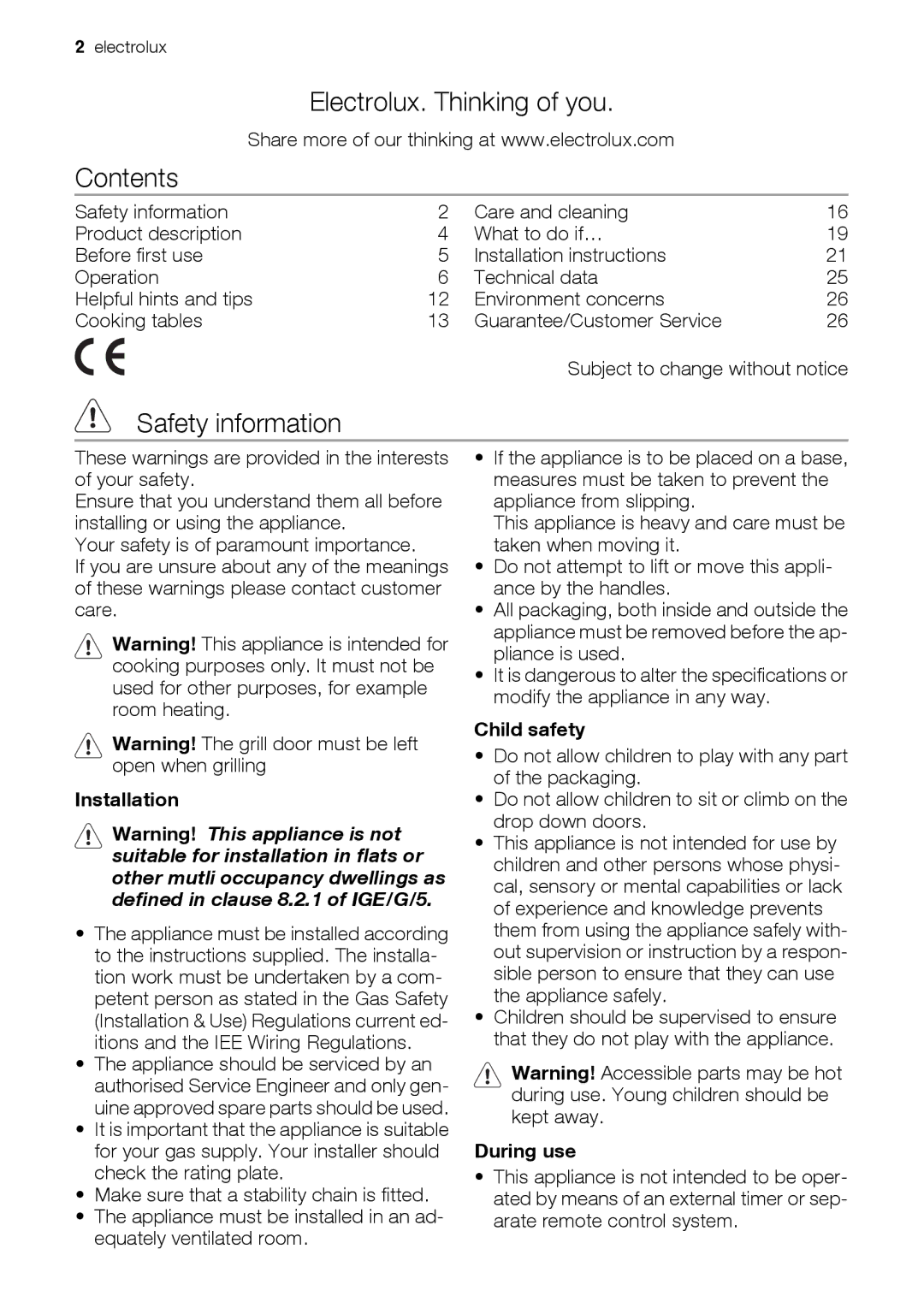 Electrolux EKG6047, EKG6046 user manual Electrolux. Thinking of you Contents, Safety information 