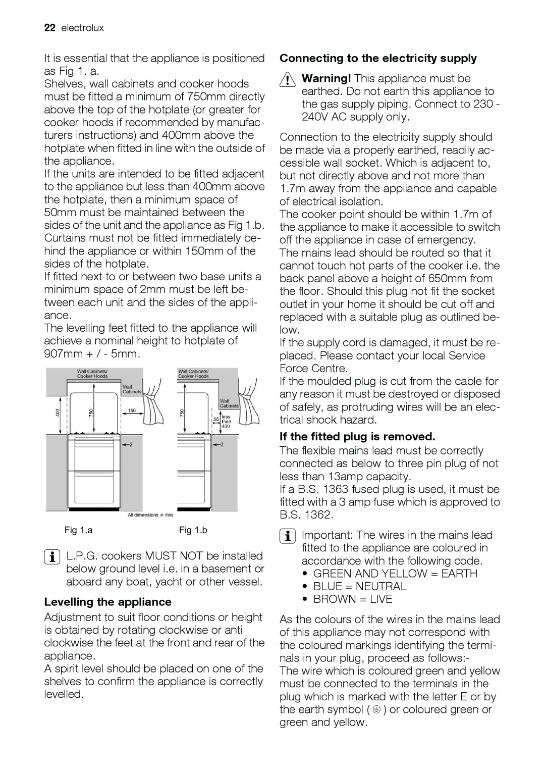 Electrolux EKG6047, EKG6046 Levelling the appliance, Connecting to the electricity supply, If the fitted plug is removed 