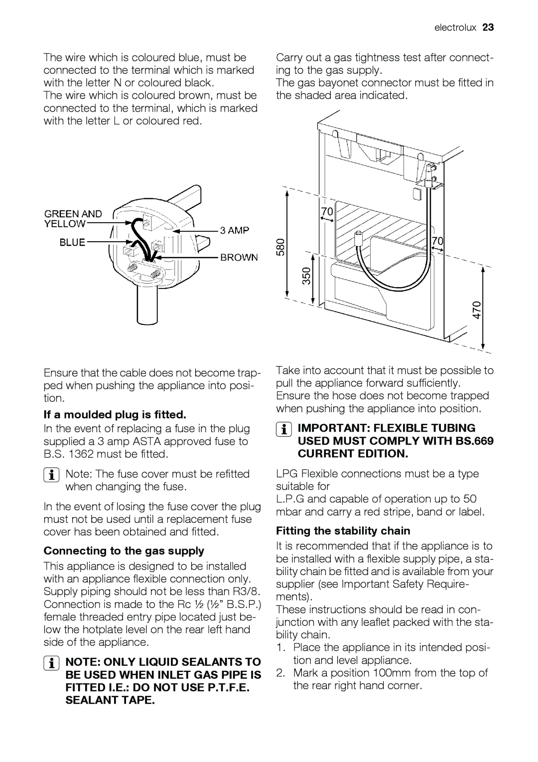 Electrolux EKG6046, EKG6047 If a moulded plug is fitted, Connecting to the gas supply, Fitting the stability chain 