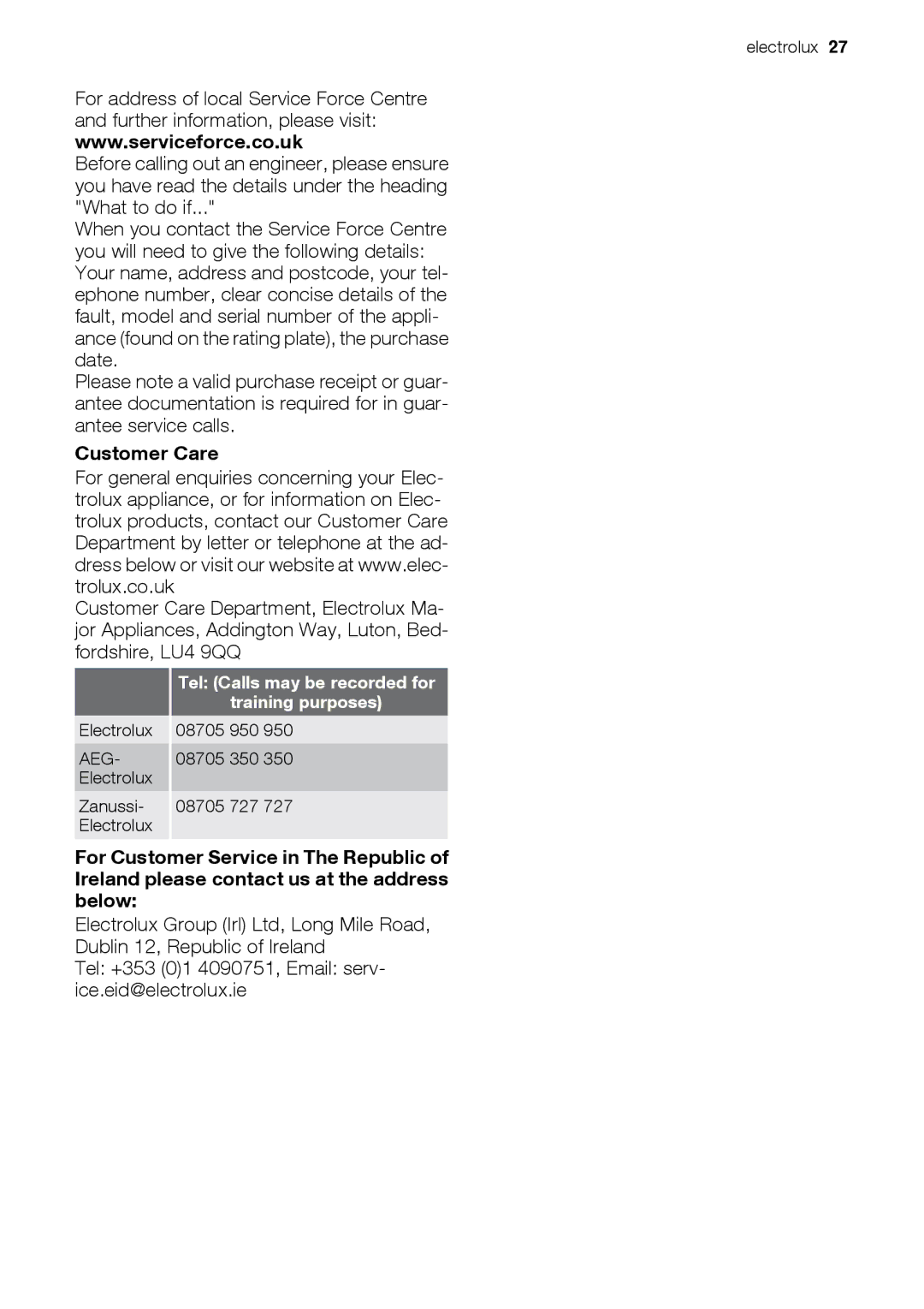 Electrolux EKG6046, EKG6047 Customer Care, Tel +353 01 4090751, Email serv- ice.eid@electrolux.ie, Training purposes 