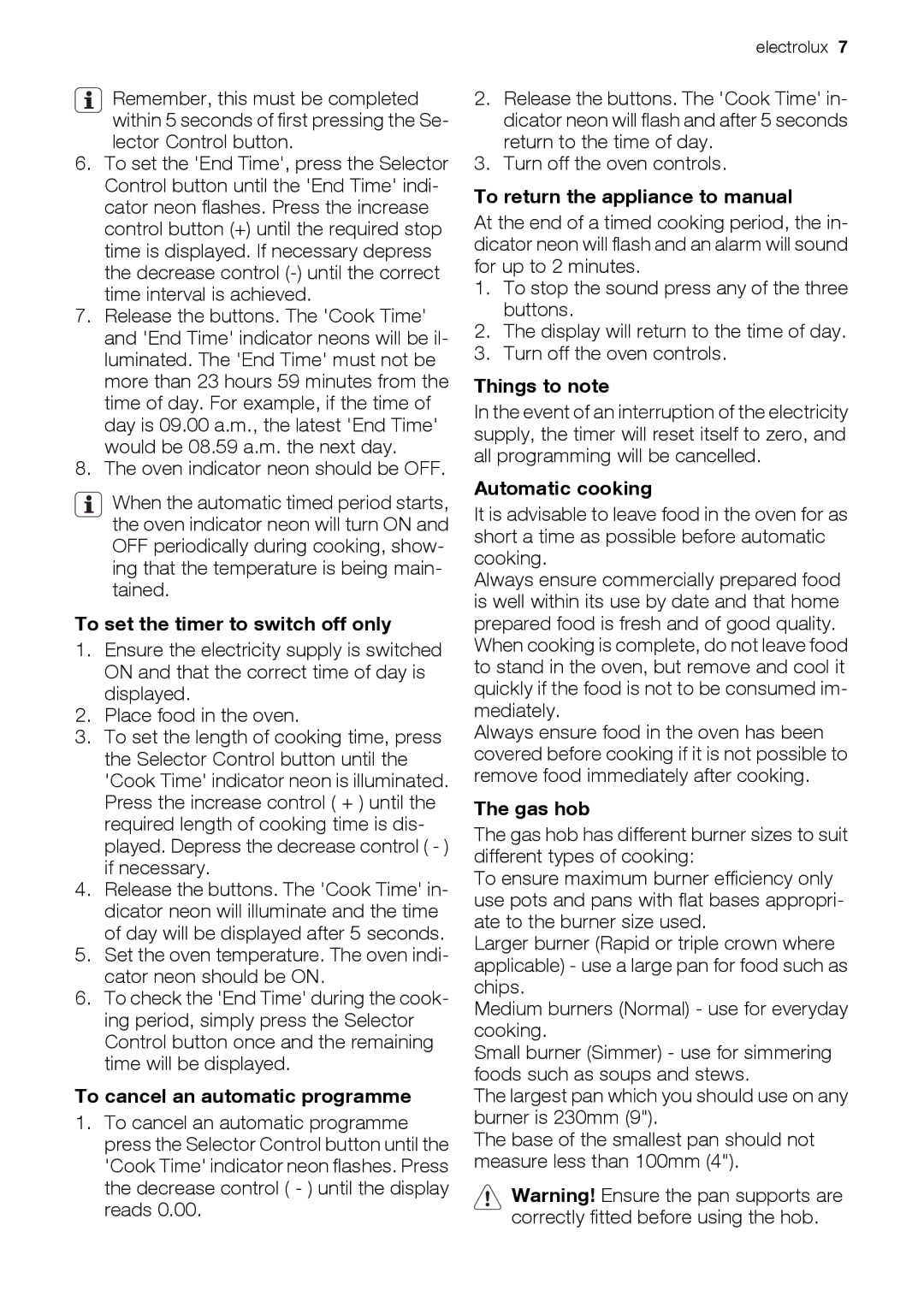 Electrolux EKG6046, EKG6047 To set the timer to switch off only, To cancel an automatic programme, Things to note, Gas hob 