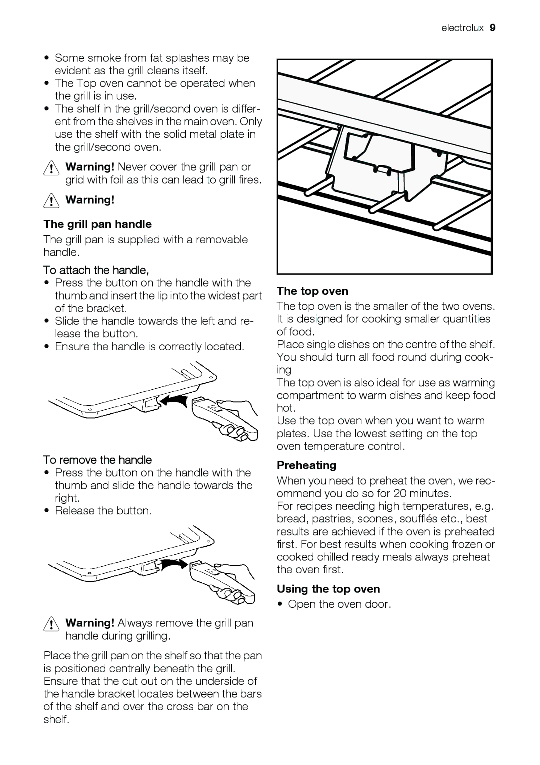 Electrolux EKG6046 Grill pan handle, To attach the handle, To remove the handle, Top oven, Preheating, Using the top oven 