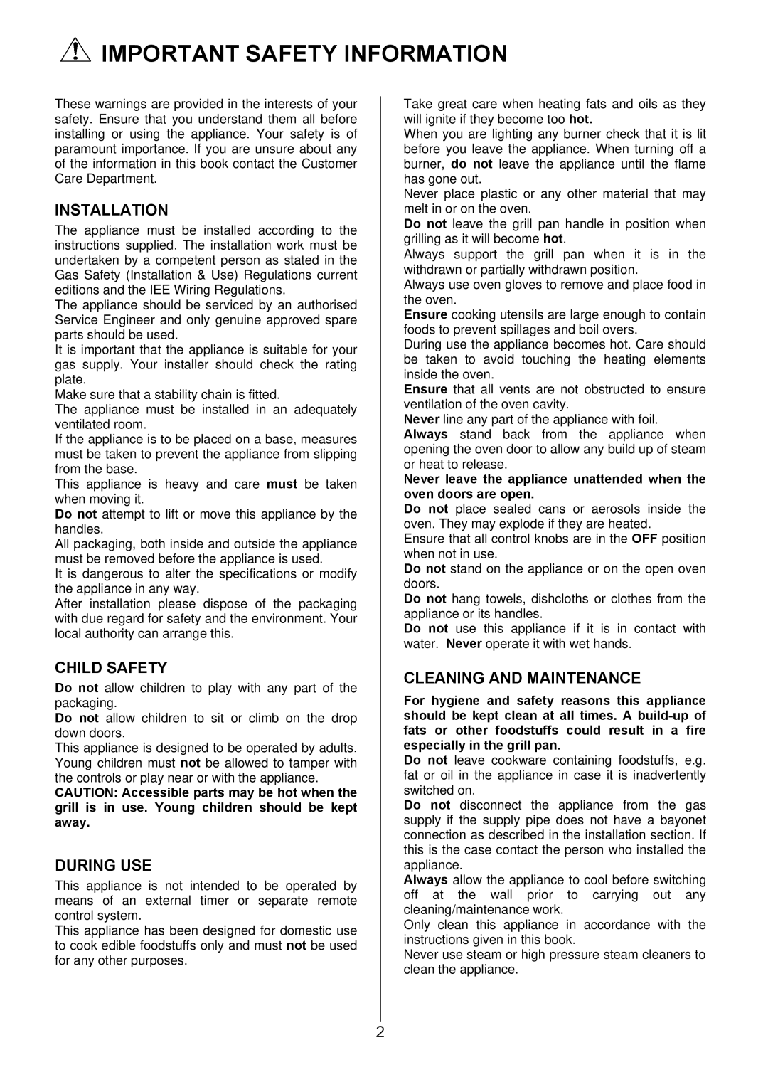 Electrolux EKG6049 Important Safety Information, Installation, Child Safety, During USE, Cleaning and Maintenance 