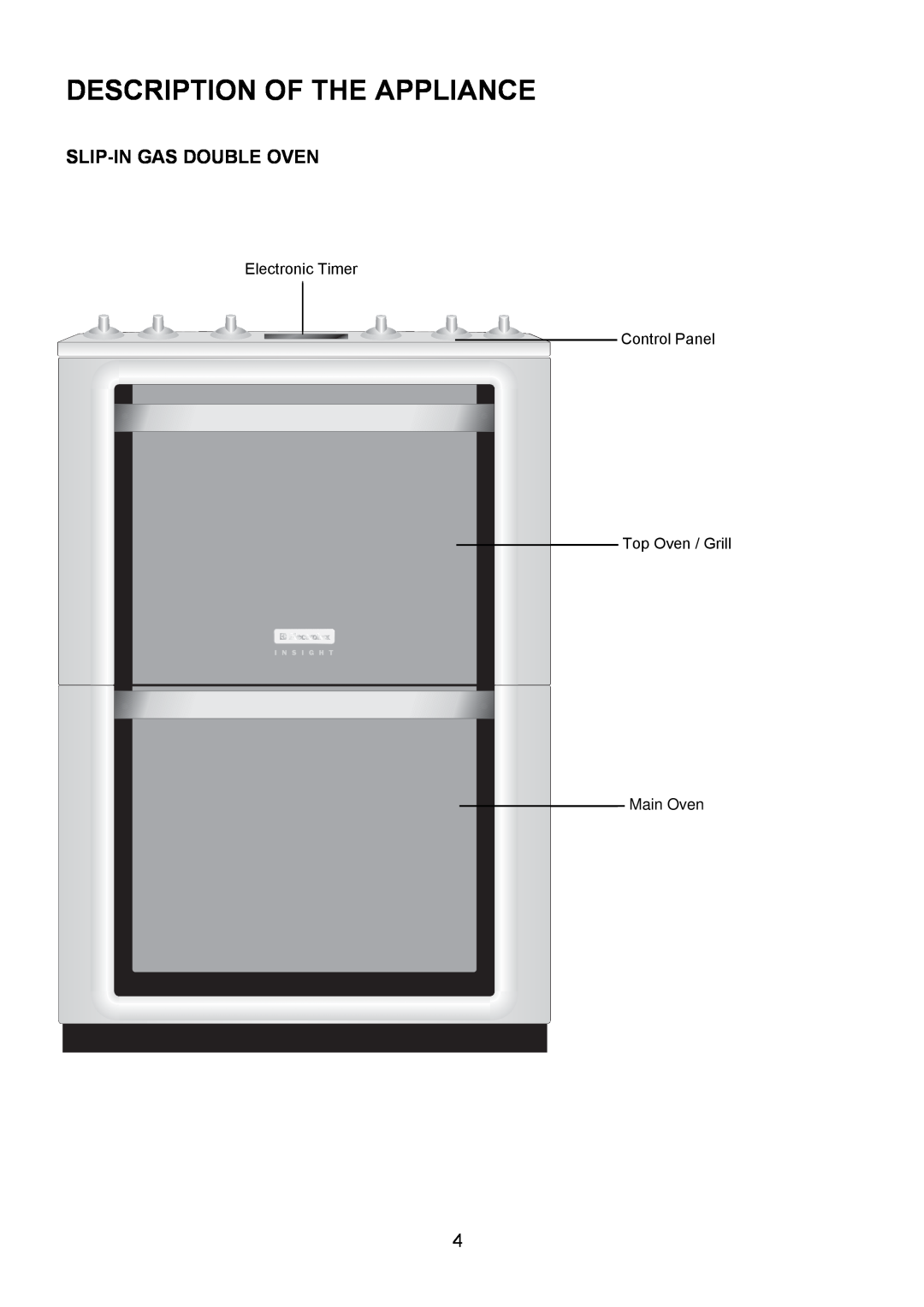 Electrolux EKG6049 user manual Description Of The Appliance, Slip-In Gas Double Oven 