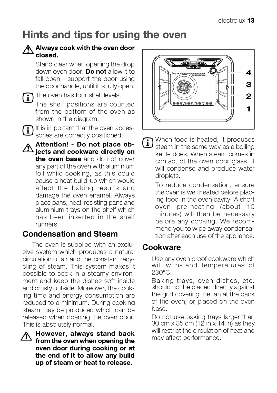 Electrolux EKM 70150 manual Hints and tips for using the oven, Condensation and Steam, Cookware 