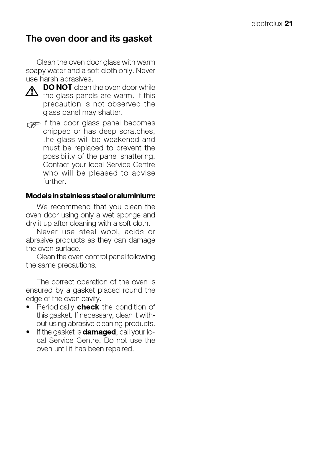 Electrolux EKM 70150 manual Oven door and its gasket, Modelsinstainlesssteeloraluminium 