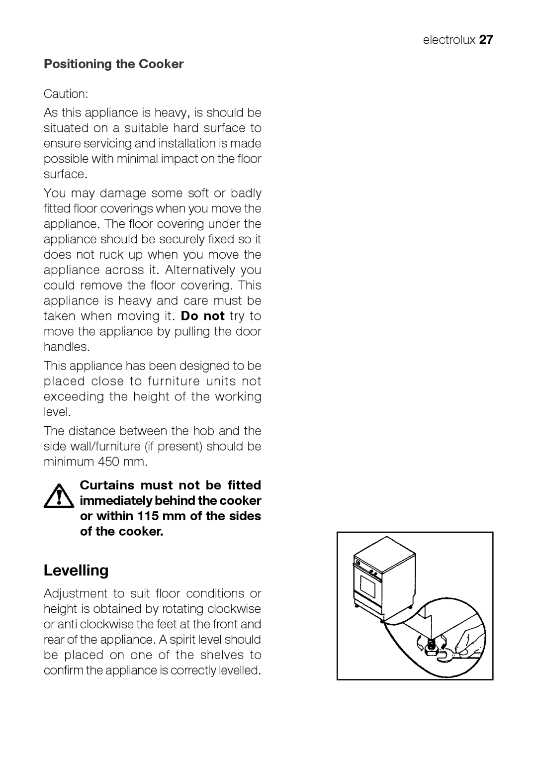 Electrolux EKM 70150 manual Levelling, Positioning the Cooker 