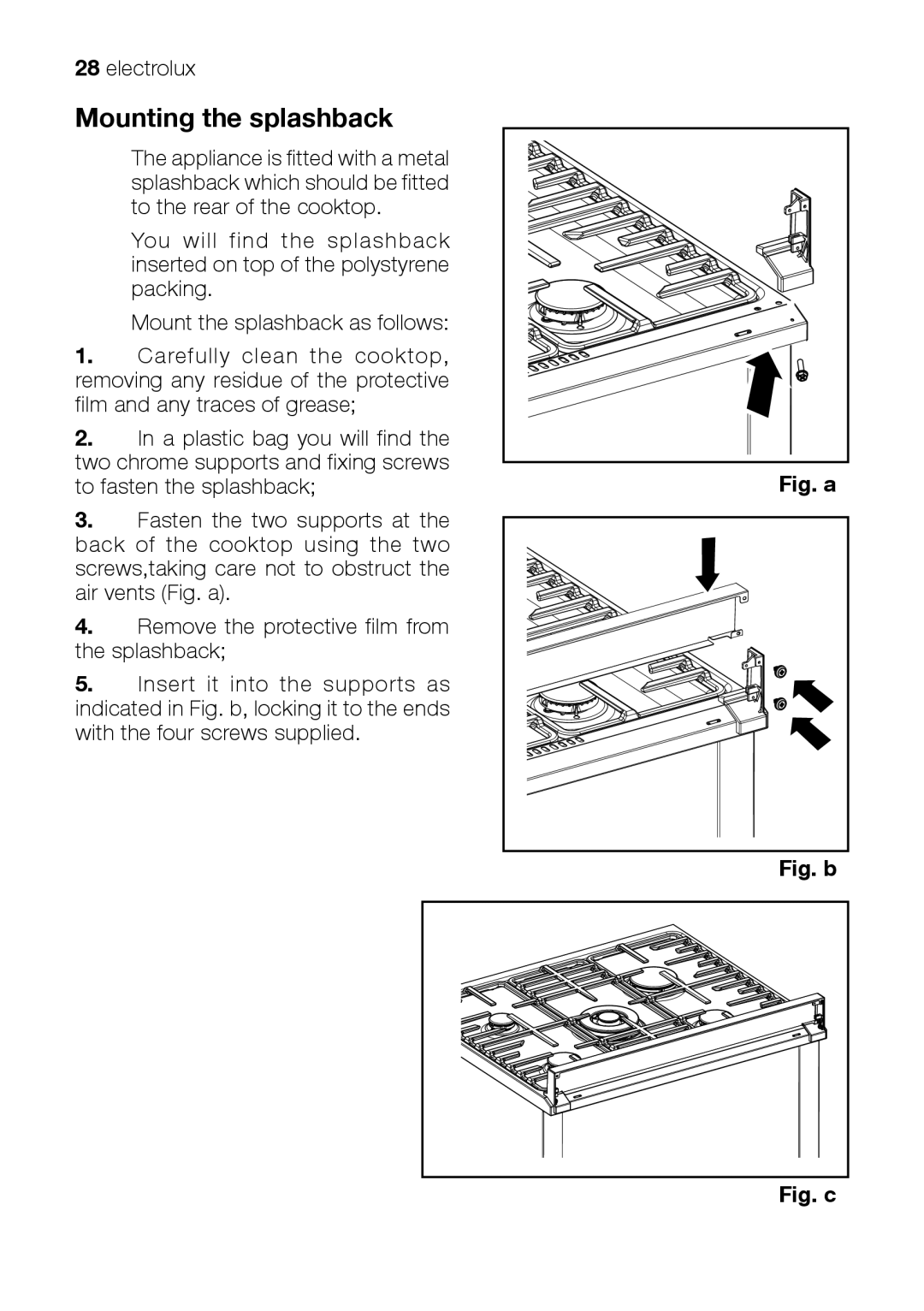 Electrolux EKM 70150 manual Mounting the splashback, Fig. a 