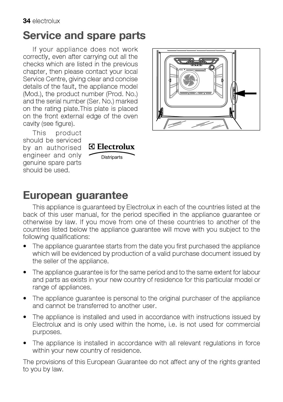 Electrolux EKM 70150 manual Service and spare parts, European guarantee 