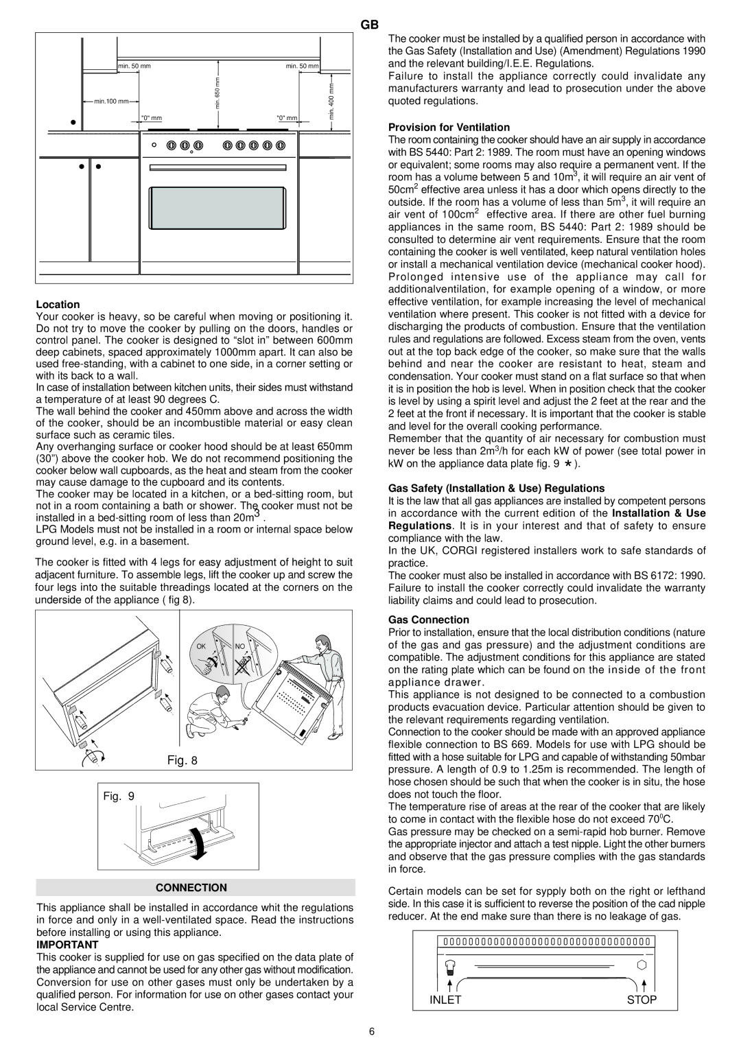 Electrolux EKM 90410 X Location, Provision for Ventilation, Gas Safety Installation & Use Regulations, Gas Connection 