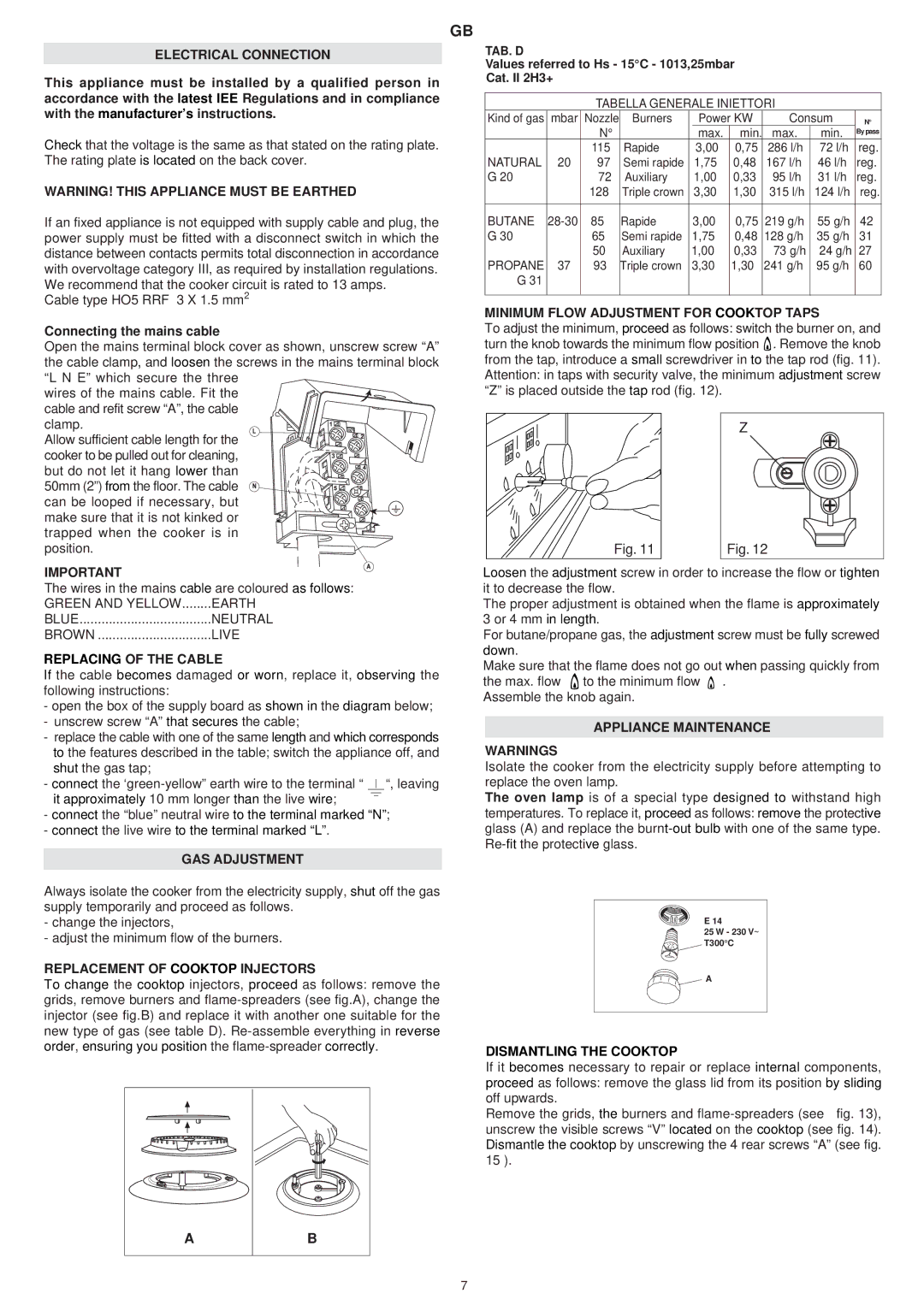 Electrolux EKM 90310 X Electrical Connection, Replacing of the Cable, GAS Adjustment, Replacement of Cooktop Injectors 