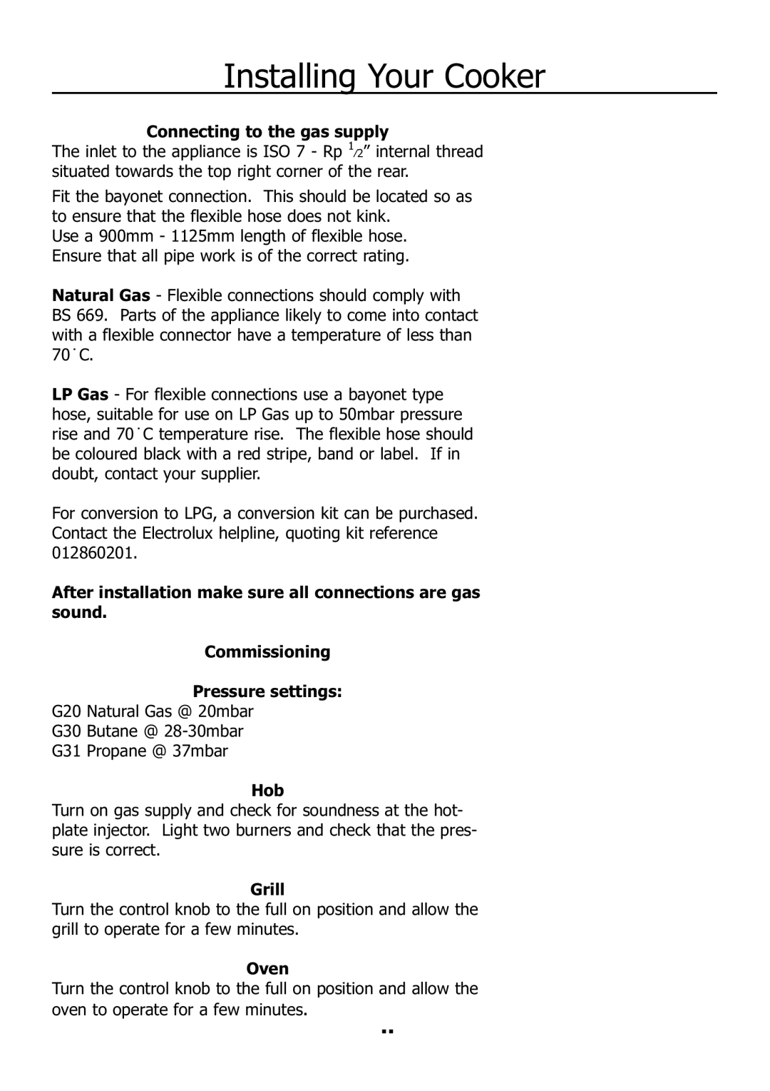 Electrolux EKM11340KN, EKM11340CN manual Connecting to the gas supply, Hob, Grill, Oven 