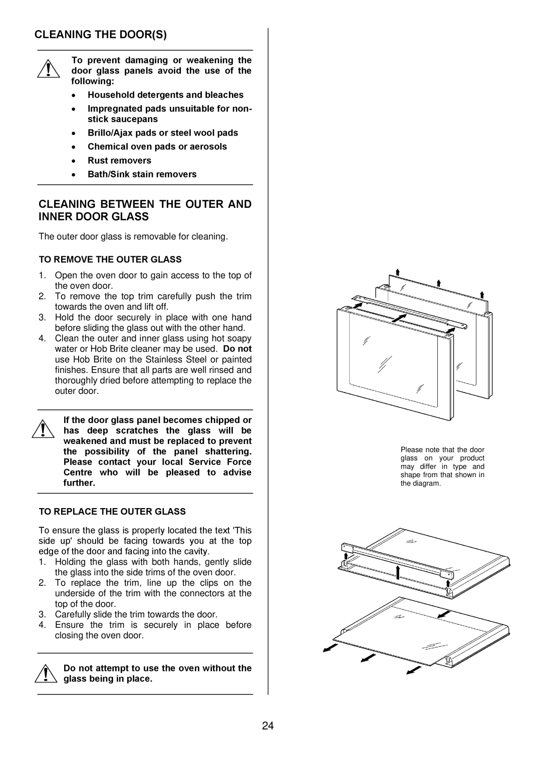 Electrolux EKM6044, EKM6045 Cleaning the Doors, Cleaning Between the Outer and Inner Door Glass, To Remove the Outer Glass 