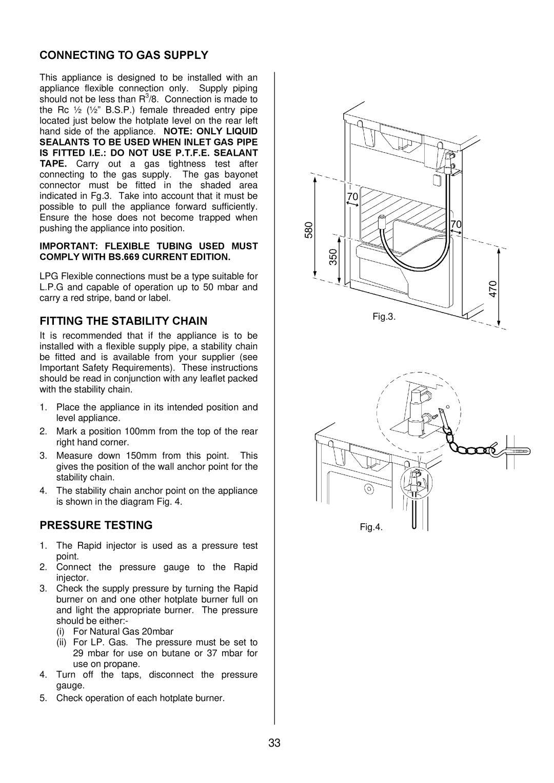 Electrolux EKM6045, EKM6044 user manual Connecting to GAS Supply, Fitting the Stability Chain, Pressure Testing 