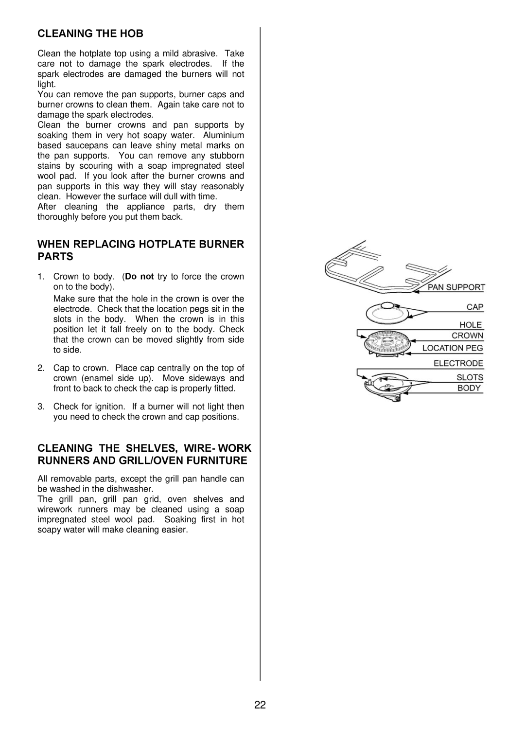 Electrolux EKM6047 user manual Cleaning the HOB, When Replacing Hotplate Burner Parts 
