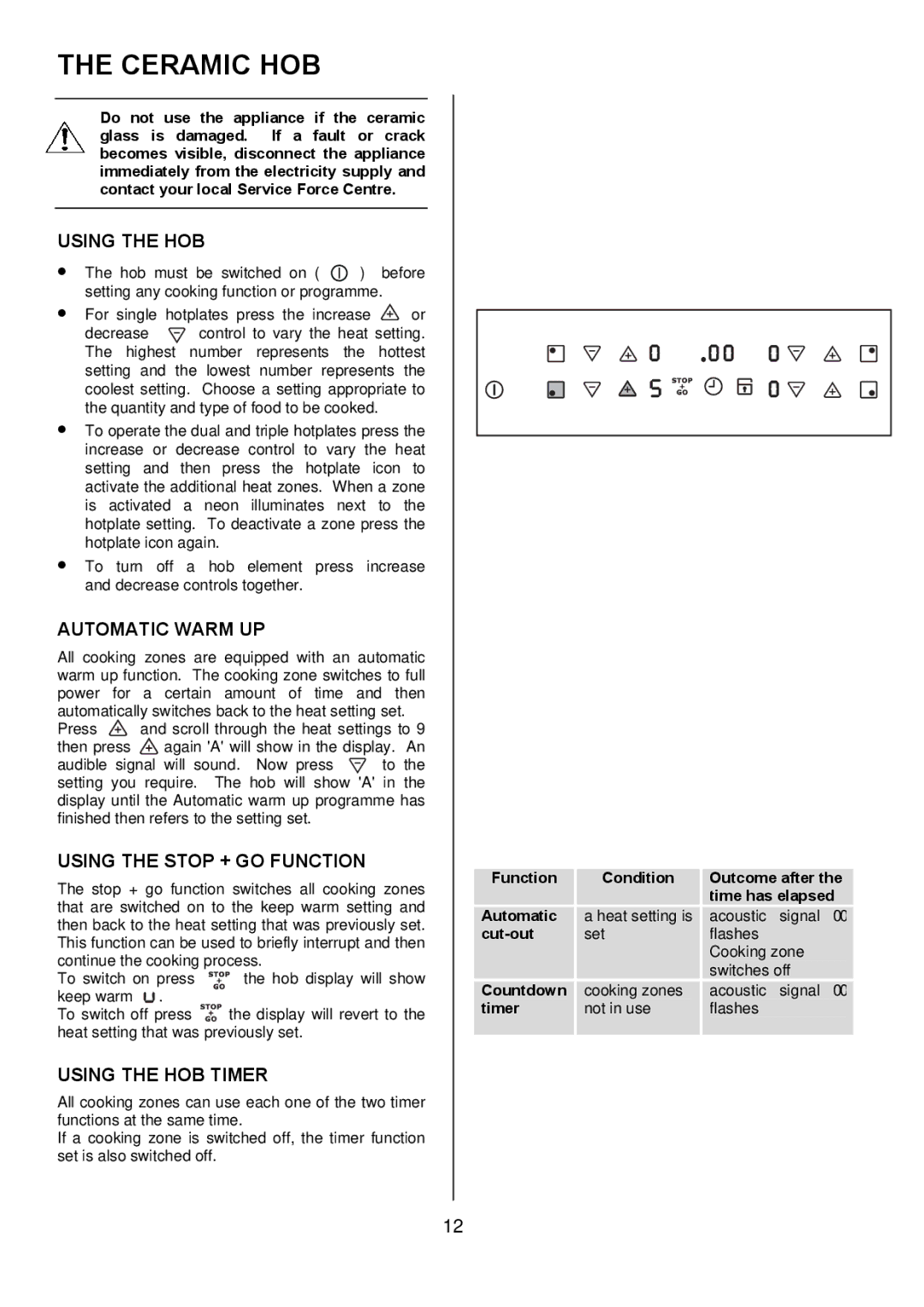 Electrolux EKT6045 manual Ceramic HOB, Automatic Warm UP, Using the Stop + GO Function, Using the HOB Timer 