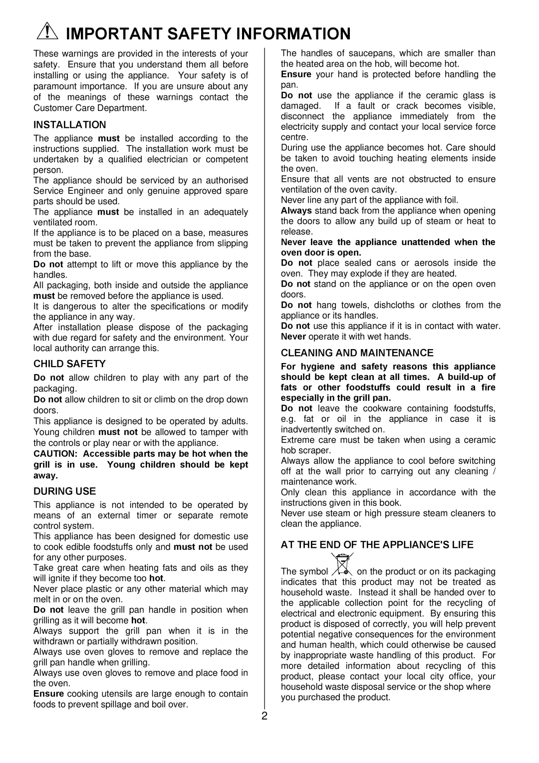 Electrolux EKT6045 manual Important Safety Information, Installation 